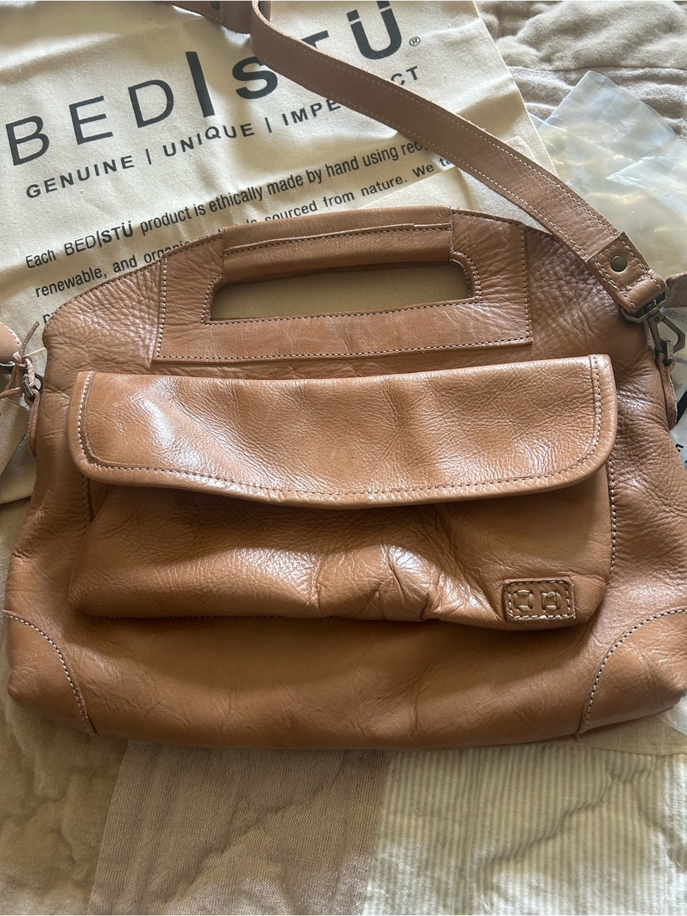 Bed Stu Cognac Leather Shoulder Bag with Front Flap Pocket. This is the Greenway